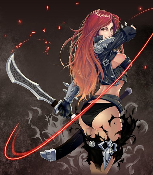 Anime picture 875x1000 with league of legends katarina (league of legends) kyleiori single long hair tall image looking at viewer breasts light erotic smile red eyes ass red hair looking back from behind open clothes open jacket scar girl gloves