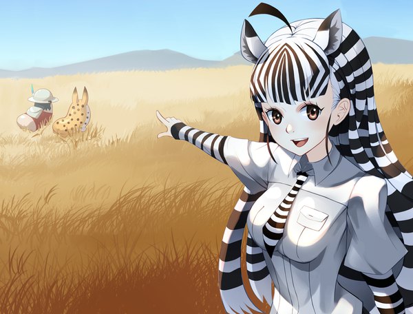 Anime picture 2000x1523 with kemono friends serval (kemono friends) kaban (kemono friends) savanna striped giant slug (kemono friends) plains zebra (kemono friends) ccd long hair looking at viewer blush fringe highres open mouth black hair smile multiple girls brown eyes animal ears payot ahoge outdoors