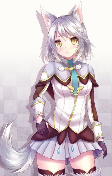 Anime picture 765x1200 with pop-up story rita drake kittona single tall image looking at viewer blush fringe short hair simple background hair between eyes standing animal ears yellow eyes silver hair tail head tilt animal tail pleated skirt grey background