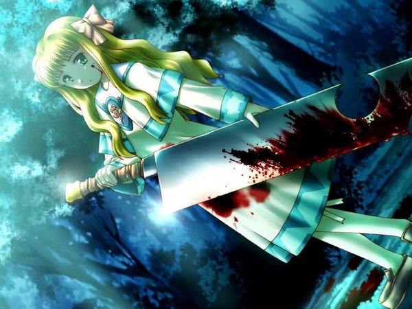 Anime picture 1024x768 with sayonara sakata mishio single long hair looking at viewer fringe blonde hair standing yellow eyes game cg outdoors blunt bangs night dutch angle blood on face bloody clothes bloody weapon girl dress bow