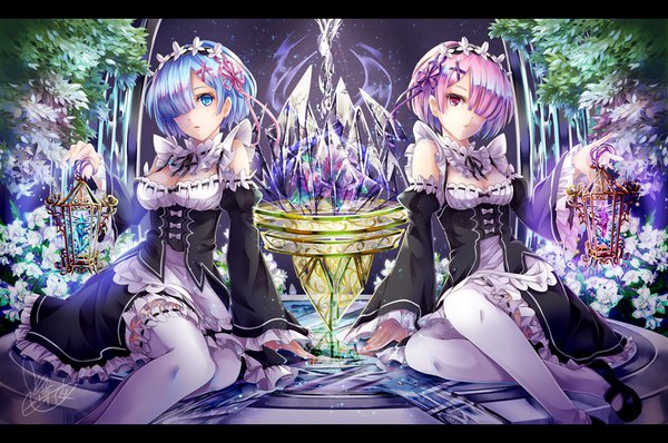 Anime picture 1000x664 with re:zero kara hajimeru isekai seikatsu white fox rem (re:zero) ram (re:zero) tyouya fringe short hair blue eyes sitting multiple girls signed blue hair pink hair cleavage pink eyes hair over one eye maid letterboxed siblings twins