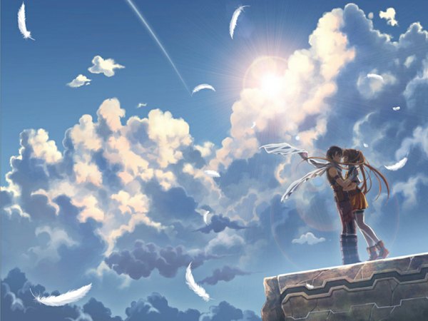 Anime picture 1024x768 with eiyuu densetsu estelle bright joshua astray long hair sky cloud (clouds) red hair eyes closed wind lens flare kiss skirt boots scarf feather (feathers) sun