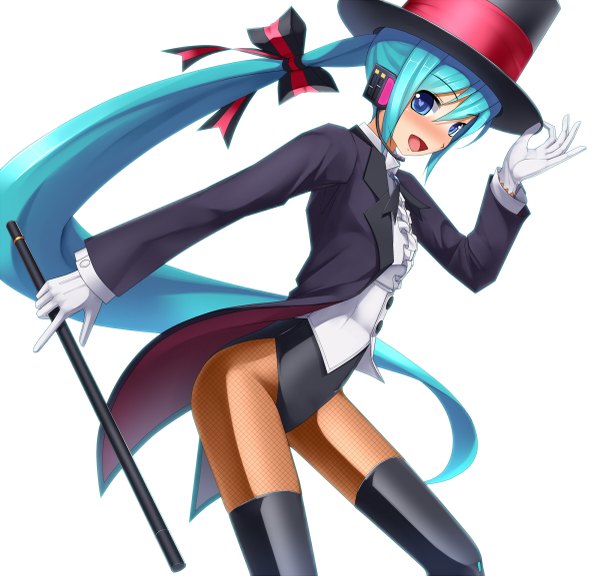 Anime picture 1200x1153 with vocaloid miracle paint (vocaloid) hatsune miku eto blush open mouth blue eyes simple background white background twintails very long hair aqua hair magician girl gloves bow hair bow hat suit