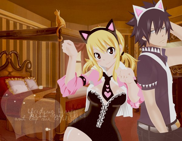 Anime picture 2000x1549 with fairy tail lucy heartfilia gray fullbuster single looking at viewer blush highres black hair blonde hair smile twintails brown eyes animal ears black eyes cat ears inscription hand in pocket valentine girl boy