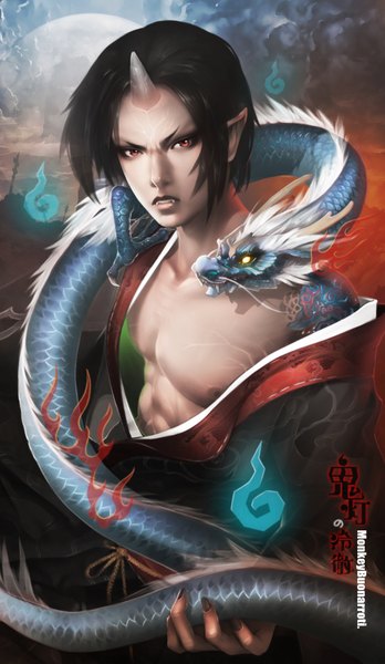 Anime picture 1061x1827 with hoozuki no reitetsu wit studio hoozuki (hoozuki no reitetsu) monkey (weibo) single tall image short hair black hair red eyes holding nipples traditional clothes japanese clothes horn (horns) fingernails lips pointy ears realistic inscription open clothes