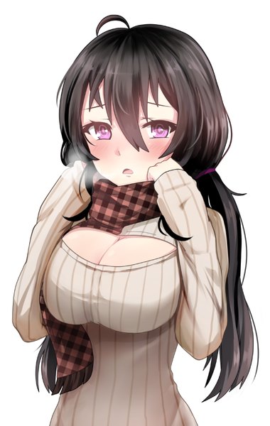 Anime picture 545x859 with original miyaura sanshio beifeng han single long hair tall image looking at viewer blush fringe breasts open mouth light erotic black hair simple background hair between eyes large breasts standing white background twintails purple eyes