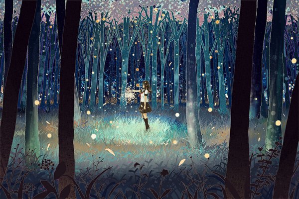 Anime picture 1000x667 with gemi single short hair brown hair standing profile glow girl plant (plants) tree (trees) serafuku forest