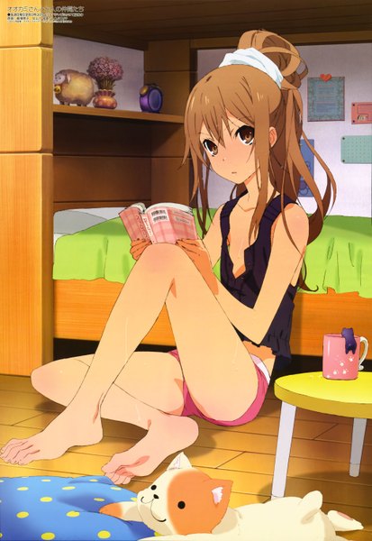 Anime picture 4090x5940 with ookami-san to shichinin no nakama-tachi j.c. staff megami magazine ookami ryouko iizuka haruko single long hair tall image highres brown hair brown eyes absurdres ponytail barefoot official art girl cat toy cup