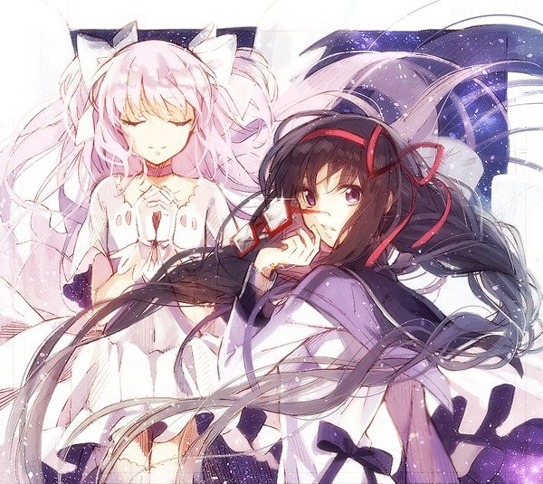 Anime picture 800x714 with mahou shoujo madoka magica shaft (studio) akemi homura kaname madoka goddess madoka hakusai (tiahszld) long hair looking at viewer fringe black hair purple eyes multiple girls pink hair braid (braids) eyes closed light smile two side up twin braids magical girl eyewear removed