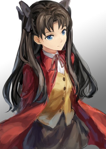 Anime picture 1240x1748 with fate (series) fate/stay night type-moon toosaka rin shuang ye single long hair tall image blue eyes black hair twintails looking away hands behind back sketch girl skirt bow hair bow jacket