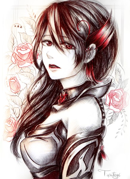 Anime picture 2550x3509 with tipetogi single long hair tall image looking at viewer highres black hair red eyes braid (braids) lips girl hair ornament flower (flowers) armor rose (roses)