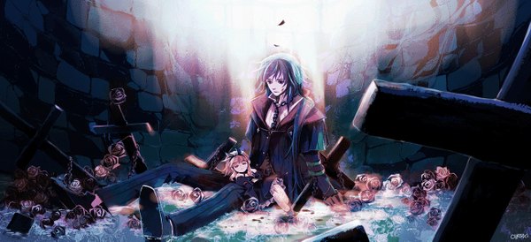 Anime picture 1300x595 with sound horizon chris (pixiv) short hair black hair wide image sitting flower (flowers) petals rose (roses) blood chain cross doll (dolls)