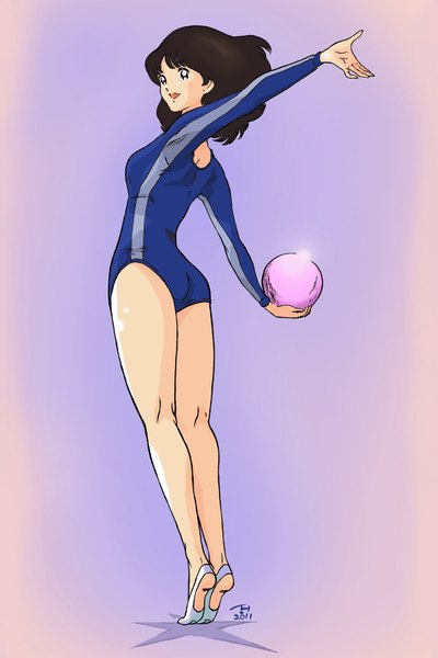 Anime picture 1200x1800 with touch minami asakura kujira gunsou single tall image short hair open mouth simple background brown hair signed black eyes from behind purple background oldschool 80s girl leotard ball