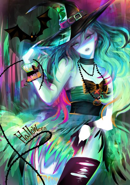 Anime picture 2480x3508 with original angju single long hair tall image highres open mouth bare shoulders green eyes fingernails aqua hair inscription halloween long fingernails witch girl dress bow earrings animal