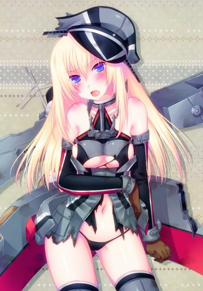 Anime picture 700x1000 with kantai collection bismarck battleship door to heaven long hair tall image blush breasts open mouth blue eyes light erotic blonde hair bare shoulders girl gloves navel underwear panties elbow gloves peaked cap
