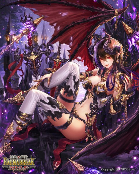 Anime picture 640x800 with shinma x keishou! ragnabreak wanke single long hair tall image looking at viewer fringe breasts light erotic smile hair between eyes red eyes brown hair large breasts purple hair ahoge bent knee (knees) parted lips horn (horns) fingernails