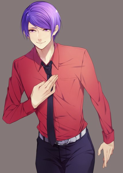 Anime picture 856x1200 with tokyo ghoul studio pierrot tsukiyama shuu xxxxxymdy single tall image short hair simple background smile purple eyes looking away purple hair grey background boy shirt necktie red shirt