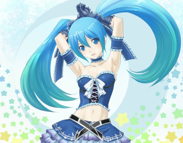 Anime picture 1000x781 with vocaloid hatsune miku neno (mono) single long hair open mouth twintails aqua eyes aqua hair arms up midriff girl skirt gloves navel miniskirt frills heart