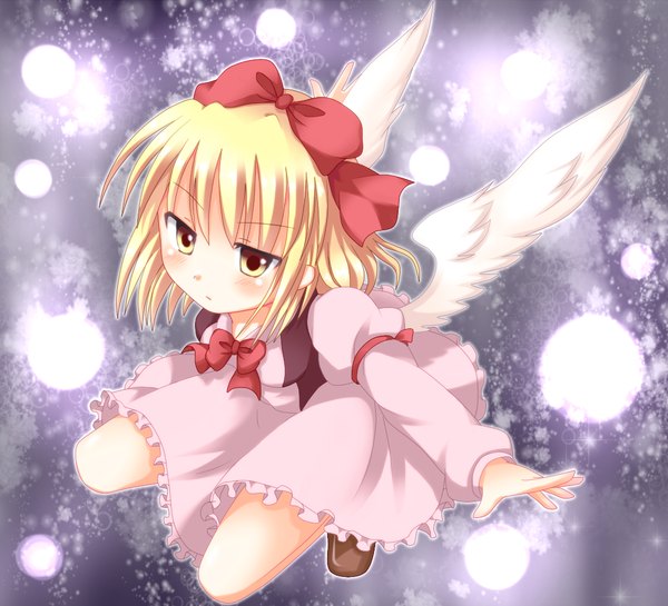 Anime picture 1100x1000 with touhou gengetsu fuyoyo single blush short hair blonde hair yellow eyes girl dress bow hair bow wings bowtie