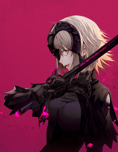 Anime picture 934x1200 with fate (series) fate/grand order fate/apocrypha jeanne d'arc (fate) (all) jeanne d'arc alter (fate) wanke single tall image looking at viewer blush fringe short hair simple background holding yellow eyes upper body parted lips profile pink background girl