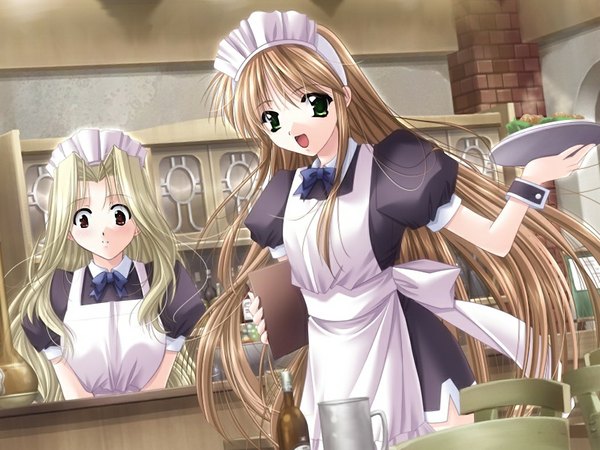 Anime picture 1024x768 with xvain (game) blonde hair multiple girls brown eyes green eyes game cg maid girl 2 girls