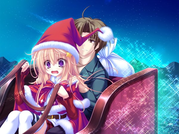 Anime picture 1600x1200 with meri chri seiya mashiro mikagami mamizu fur trim hair ornament star (symbol) fur santa claus costume mantle star hair ornament tagme