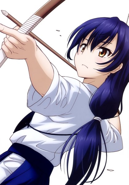 Anime picture 2141x3062 with love live! school idol project sunrise (studio) love live! sonoda umi inou shin single long hair tall image highres simple background white background brown eyes blue hair traditional clothes scan girl weapon bow (weapon)