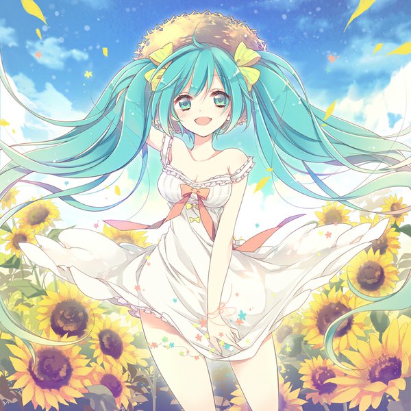 Anime picture 800x800 with vocaloid hatsune miku jonejung single long hair looking at viewer blush fringe open mouth standing twintails bare shoulders sky cloud (clouds) aqua eyes wind aqua hair hand on head girl dress