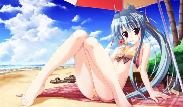 Anime picture 2048x1200 with angel ring shiki azusa sesena yau single highres light erotic wide image purple eyes game cg beach girl ribbon (ribbons) swimsuit drink