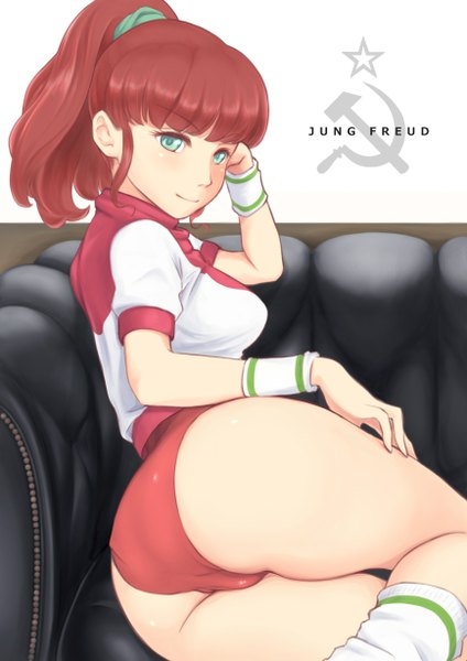 Anime picture 868x1228 with gunbuster top wo nerae! gainax jung freud wa (genryusui) single tall image looking at viewer blush short hair light erotic smile green eyes ponytail red hair light smile bare legs character names girl uniform
