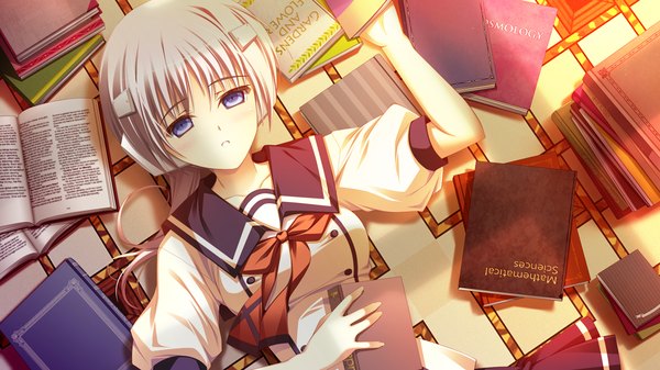 Anime picture 1280x720 with shiawase kazokubu purple software misora yuuki makoto (radiant) short hair blue eyes wide image game cg white hair lying girl serafuku book (books)