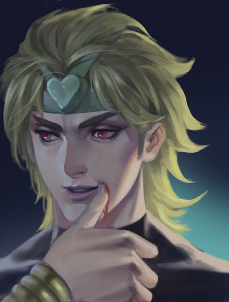 Anime picture 827x1090 with jojo no kimyou na bouken dio brando xiongmaotao single tall image short hair simple background blonde hair looking away pink eyes lips finger to mouth portrait dark background eyebrows blood on face boy bracelet heart hairband