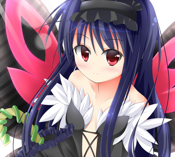 Anime picture 1033x930 with accel world sunrise (studio) kuroyukihime maccha single long hair blush black hair red eyes insect wings closed umbrella butterfly wings girl dress headdress umbrella