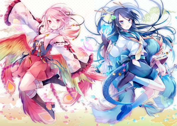 Anime picture 1000x711 with original ibara riato long hair blush open mouth blue eyes black hair red eyes multiple girls pink hair tail traditional clothes horn (horns) girl weapon 2 girls detached sleeves petals sword wings