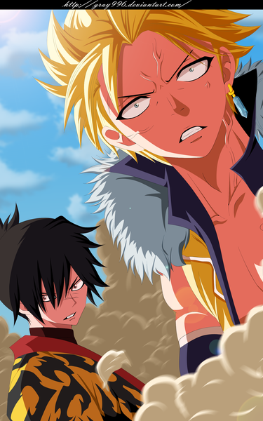 Anime picture 1773x2831 with fairy tail sting eucliffe rogue cheney gray996 tall image highres short hair blue eyes black hair blonde hair brown eyes sky cloud (clouds) sunlight multiple boys coloring scar muscle angry dust