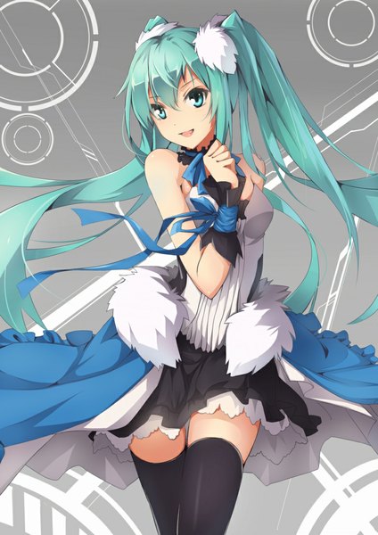 Anime picture 780x1103 with 7th dragon 7th dragon 2020 vocaloid hatsune miku ello-chan single long hair tall image open mouth twintails bare shoulders aqua eyes aqua hair girl thighhighs ribbon (ribbons) black thighhighs