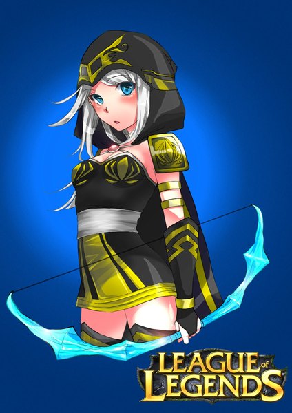 Anime picture 1448x2048 with league of legends ashe (league of legends) single long hair tall image looking at viewer blush open mouth blue eyes silver hair blue background girl gloves elbow gloves hood bow (weapon)