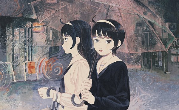 Anime picture 1132x700 with original kumaori jun long hair fringe short hair black hair wide image multiple girls holding lips girl 2 girls shirt