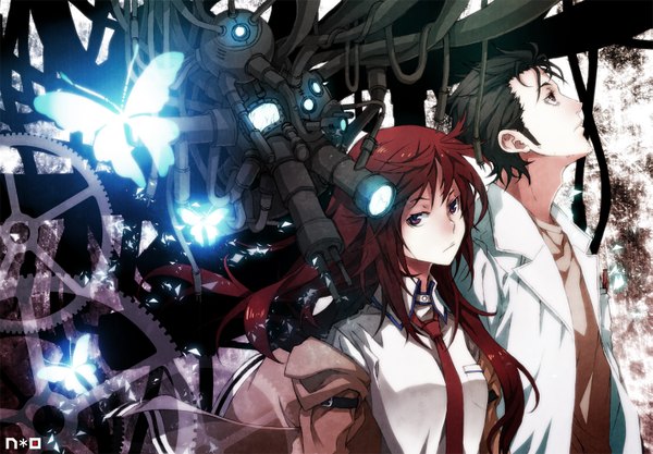 Anime picture 1437x1000 with steins;gate white fox makise kurisu okabe rintarou neurzero (artist) long hair short hair black hair red eyes red hair looking up mechanical girl boy necktie insect butterfly wire (wires) gears