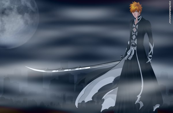 Anime picture 1972x1300 with bleach studio pierrot kurosaki ichigo ioshik single highres short hair japanese clothes orange hair grey eyes night sky coloring city smoke boy weapon sword belt kimono full moon