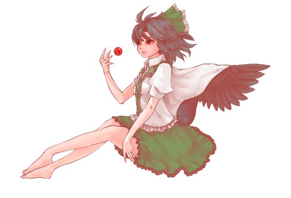 Anime picture 1500x1022 with touhou reiuji utsuho ma nyan (nyao mao nyao) single fringe short hair black hair simple background hair between eyes red eyes white background looking away full body ahoge barefoot arm up lips bare legs short sleeves puffy sleeves