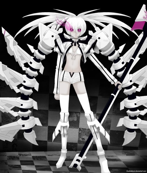 Anime picture 1700x2000 with black rock shooter white rock shooter huke single long hair tall image looking at viewer purple eyes twintails white hair glowing glowing eye (eyes) checkered floor checkered background girl shorts bikini top scythe white shorts