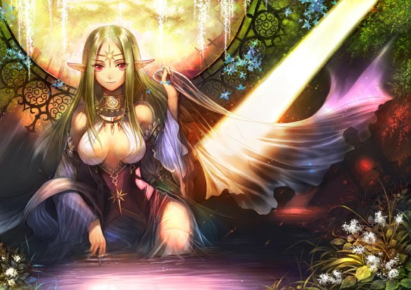 Anime picture 1052x744 with original s0ad096 single long hair looking at viewer breasts light erotic smile red eyes large breasts sitting bare shoulders long sleeves pointy ears sunlight elf fantasy girl dress flower (flowers)
