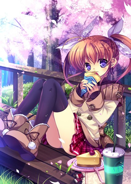 Anime picture 800x1122 with mahou shoujo lyrical nanoha takamachi nanoha capura lin single long hair tall image looking at viewer light erotic brown hair purple eyes cherry blossoms pantyshot sitting girl thighhighs skirt bow black thighhighs plant (plants) hair bow petals