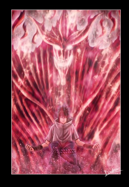 Anime picture 1024x1484 with naruto studio pierrot naruto (series) uchiha sasuke diabolumberto tall image short hair black hair smile eyes closed coloring magic glowing glowing eye (eyes) framed demon boy susanoo (naruto)