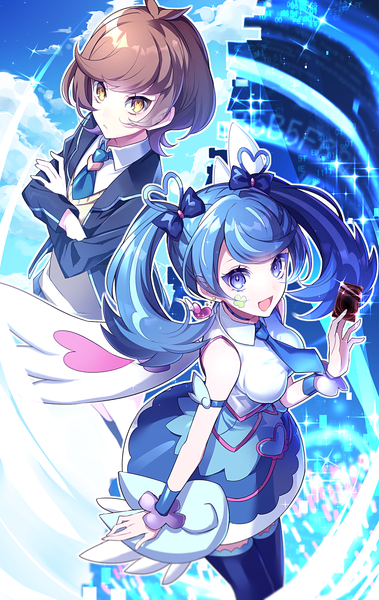 Anime picture 1476x2333 with yu-gi-oh! yuu-gi-ou vrains zaizen aoi blue angel yuui1994 long hair tall image looking at viewer short hair open mouth blue eyes brown hair twintails multiple girls yellow eyes blue hair from above sparkle zettai ryouiki crossed arms