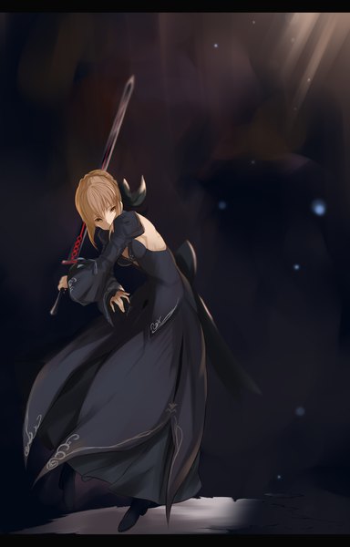 Anime picture 2618x4092 with fate (series) fate/grand order fate/stay night artoria pendragon (all) saber saber alter yatsuka (846) single tall image looking at viewer highres short hair blonde hair standing holding yellow eyes braid (braids) blurry wide sleeves leaning