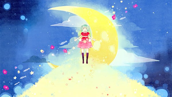 Anime picture 1000x563 with vocaloid hatsune miku kyang692 blush wide image twintails cloud (clouds) eyes closed very long hair green hair night spread arms crescent girl dress flower (flowers) fish (fishes) red dress