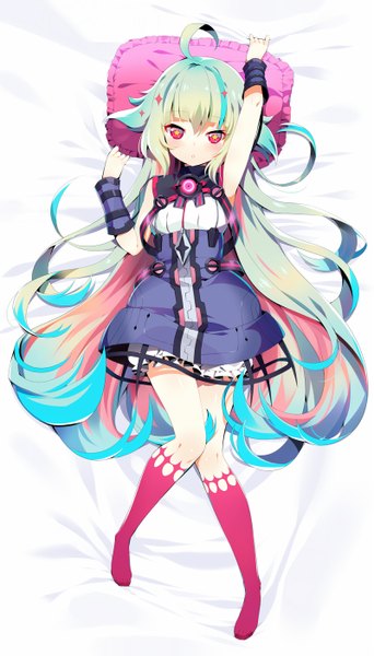 Anime picture 800x1400 with kamuy apocalypse mvv single long hair tall image looking at viewer blush fringe hair between eyes red eyes blue hair pink hair full body ahoge bent knee (knees) lying multicolored hair green hair :o on back