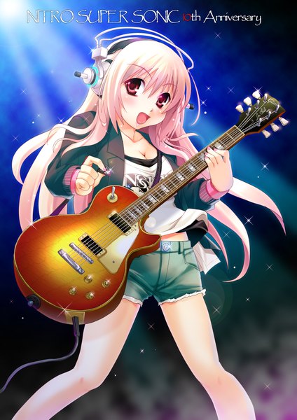 Anime picture 2894x4093 with nitroplus super sonico single long hair tall image highres open mouth pink hair pink eyes inscription girl jacket shorts headphones guitar nitro super sonic